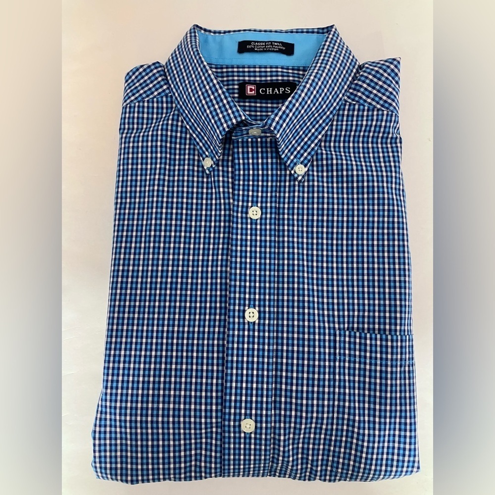 Chap’s Men’s Long Sleeve Dress Shirt, 16-16 1/2, 34/35, Blue/White Checkered